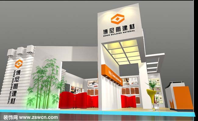 博尼儿建材展会特装设计作品,方方正正的风格,整齐划一的布局,体现出企业严谨的形象