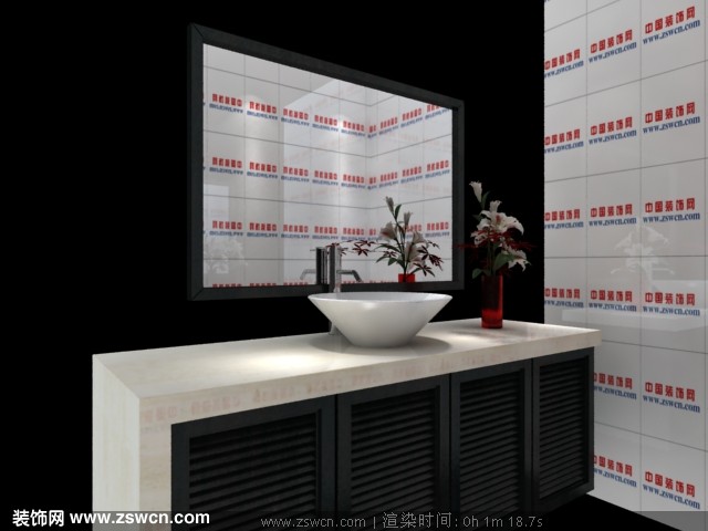 洗手台效果图3dmax模型 含洗手台 洗手盆 百页门 镜子 装饰台面盆花3d模型max源文件下载