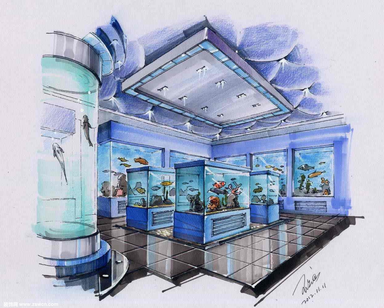 展示设计空间鱼类展厅手绘两点透视图快速上色
