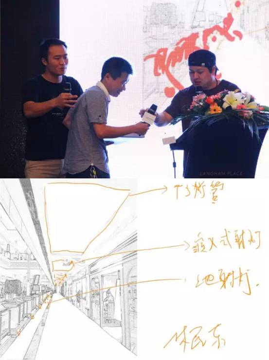 活动现场入口处,设计师在进行灯光设计草图的绘制